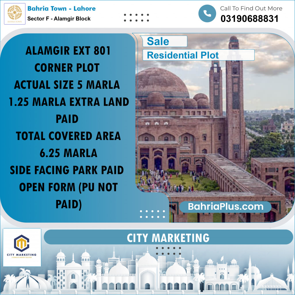 6 Marla Residential Plot for Sale in Sector F - Alamgir Block -  Bahria Town, Lahore - (BP-214577)