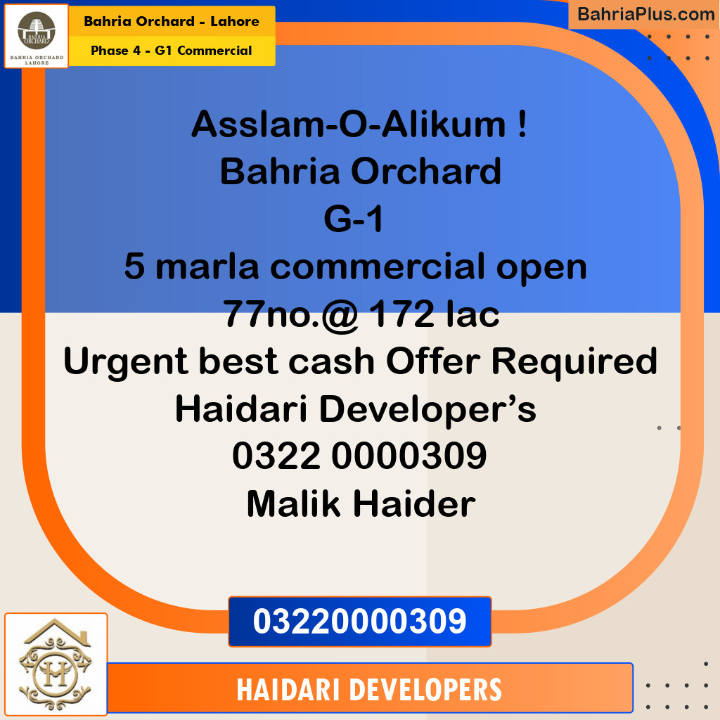 5 Marla Commercial Plot for Sale in Phase 4 - G1 Commercial -  Bahria Orchard, Lahore - (BP-214728)