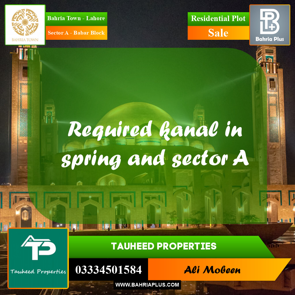 20 Marla Residential Plot for Sale in Sector A - Babar Block -  Bahria Town, Lahore - (BP-214802)