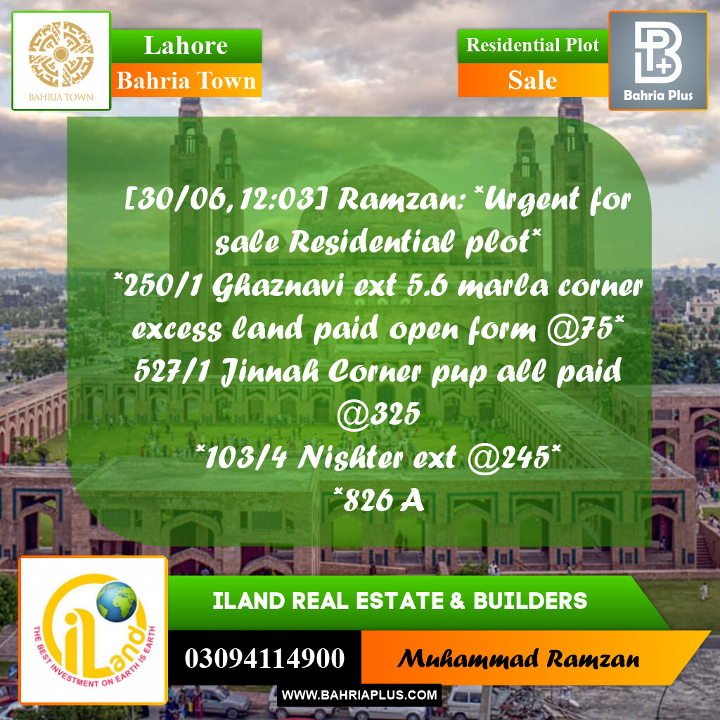 Residential Plot for Sale in Bahria Town, Lahore - (BP-214829)