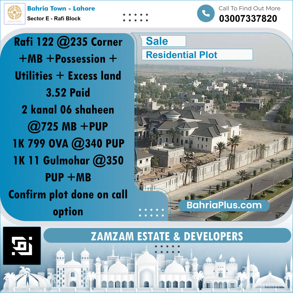 3043 Sq. Ft. Residential Plot for Sale in Sector E - Rafi Block -  Bahria Town, Lahore - (BP-214833)