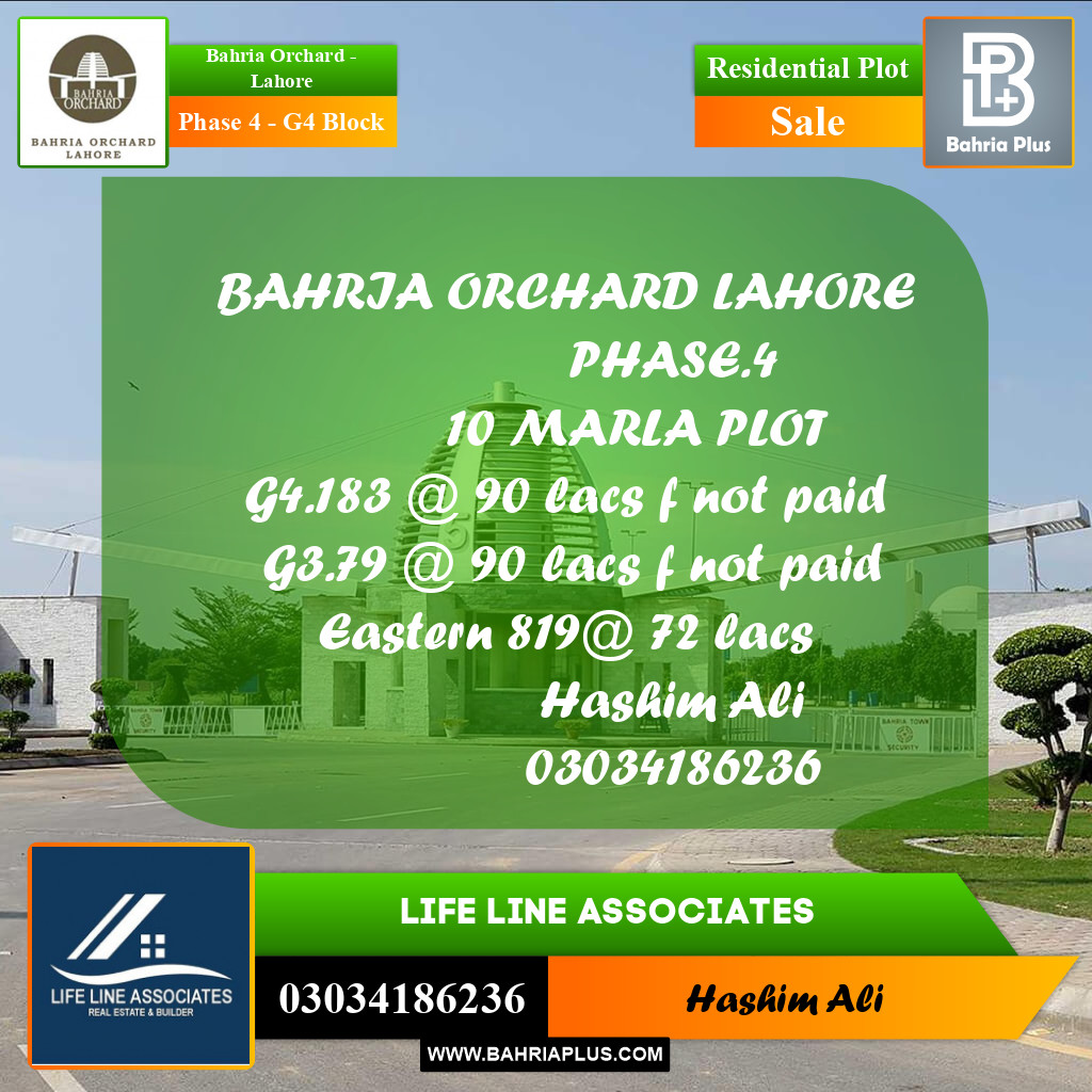 10 Marla Residential Plot for Sale in Phase 4 - G4 Block -  Bahria Orchard, Lahore - (BP-214977)