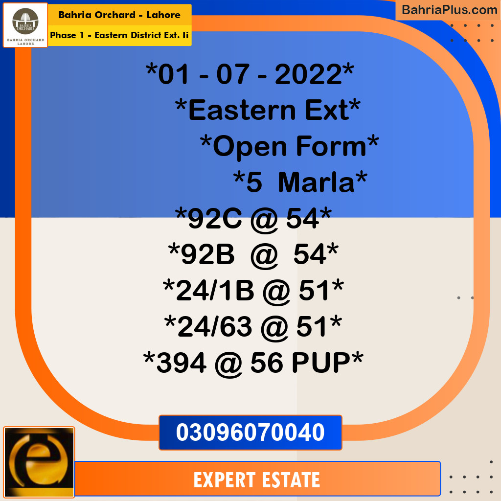 5 Marla Residential Plot for Sale in Phase 1 - Eastern District Ext. II - Bahria Orchard, Lahore - (BP-215107)