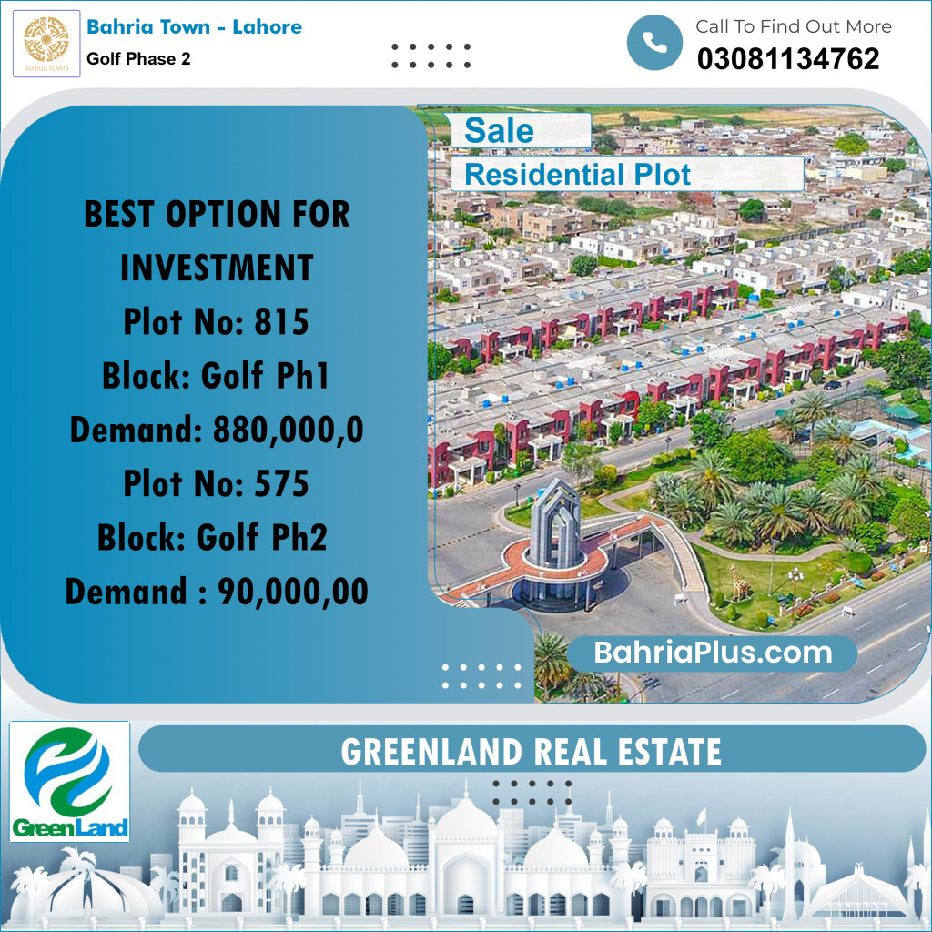 10 Marla Residential Plot for Sale in Golf Phase 2 -  Bahria Town, Lahore - (BP-215114)