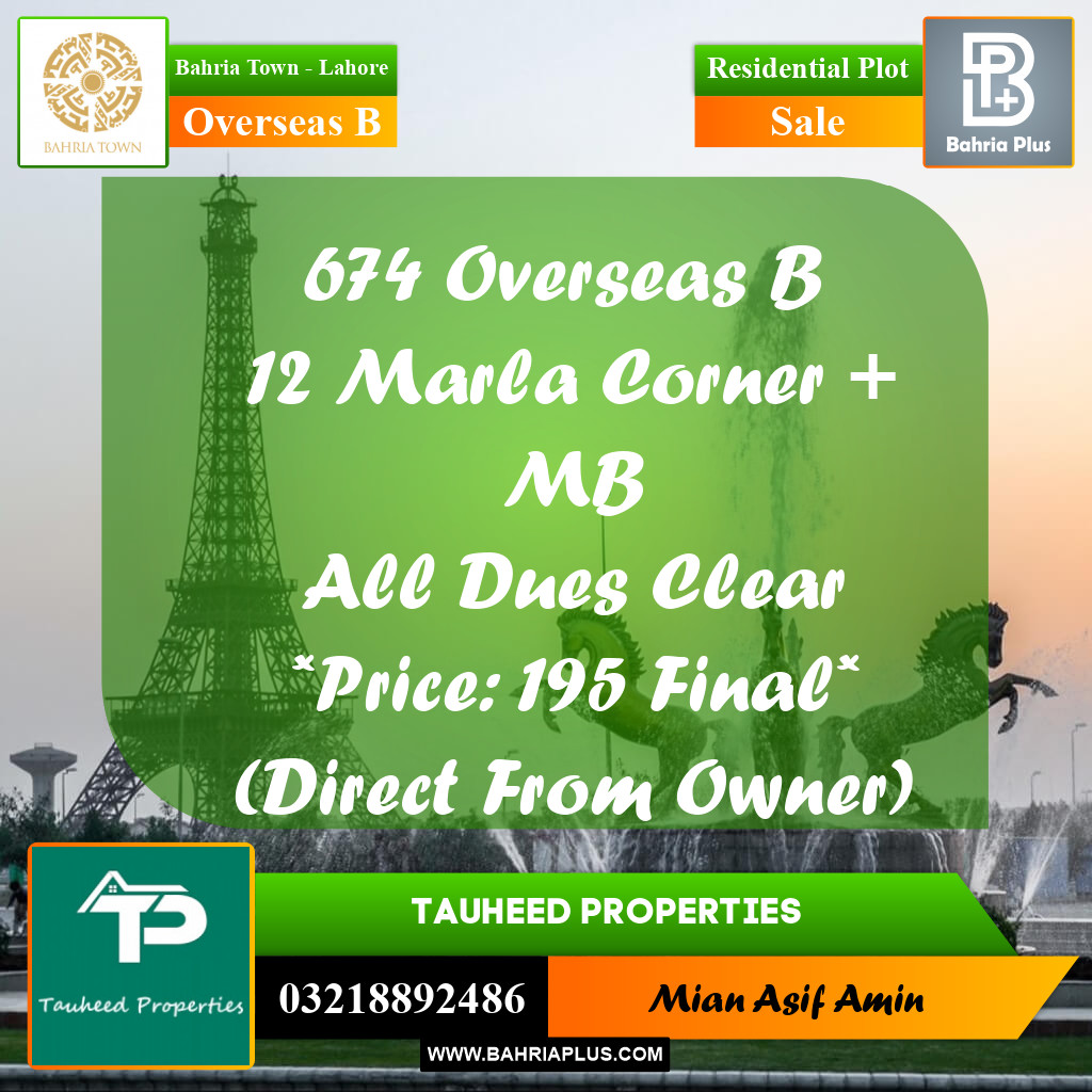12 Marla Residential Plot for Sale in Overseas B -  Bahria Town, Lahore - (BP-215303)