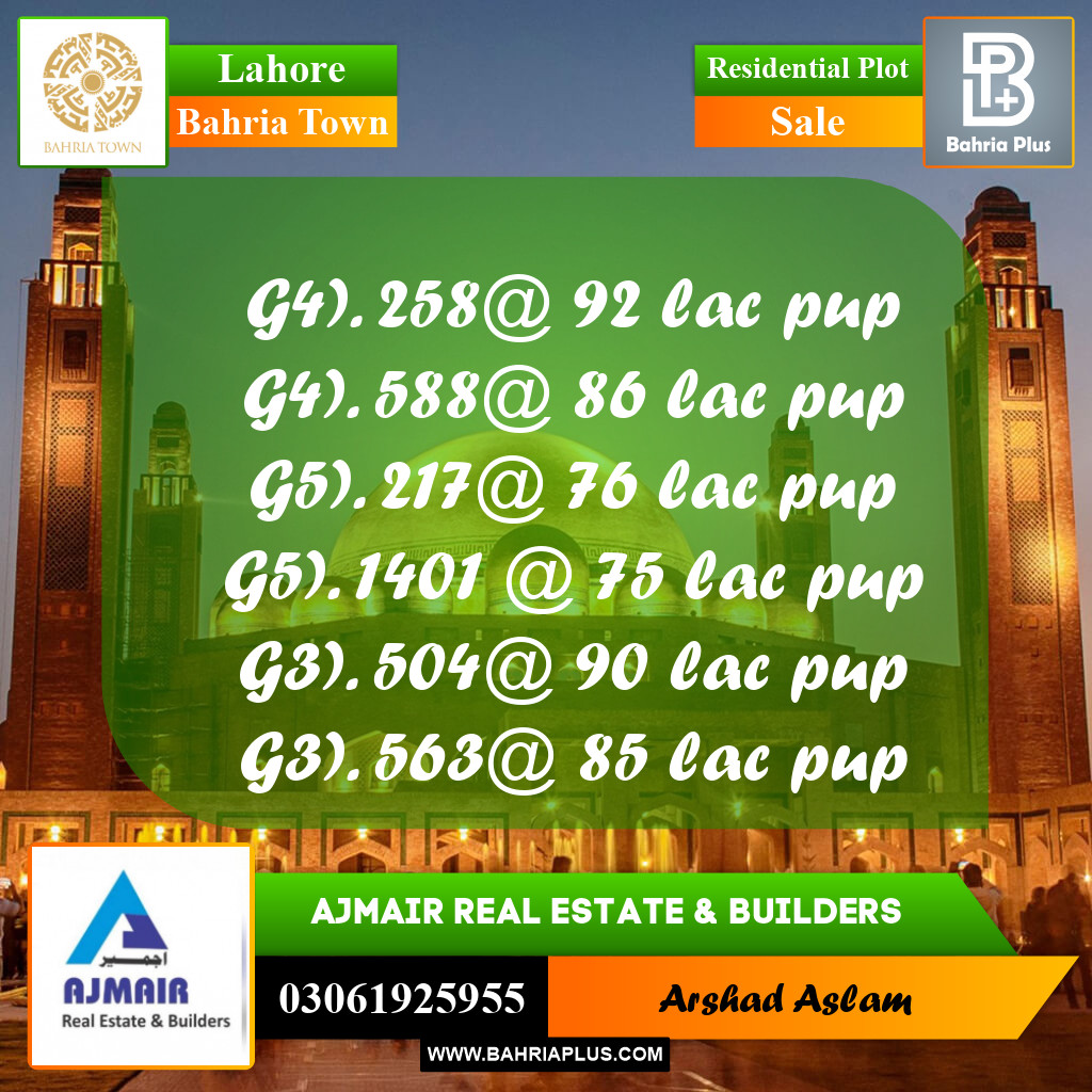 Residential Plot for Sale in Bahria Town, Lahore - (BP-215556)