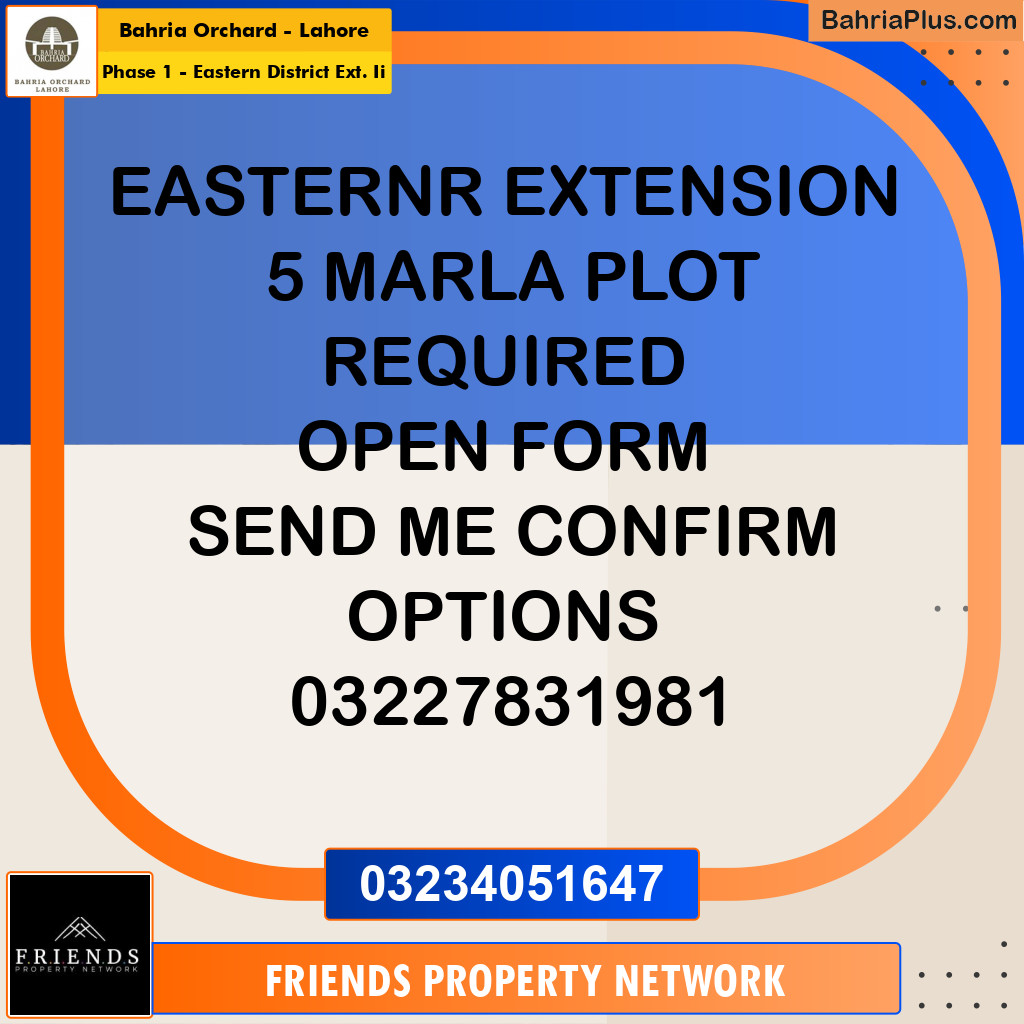 5 Marla Residential Plot for Sale in Phase 1 - Eastern District Ext. II -  Bahria Orchard, Lahore - (BP-215638)