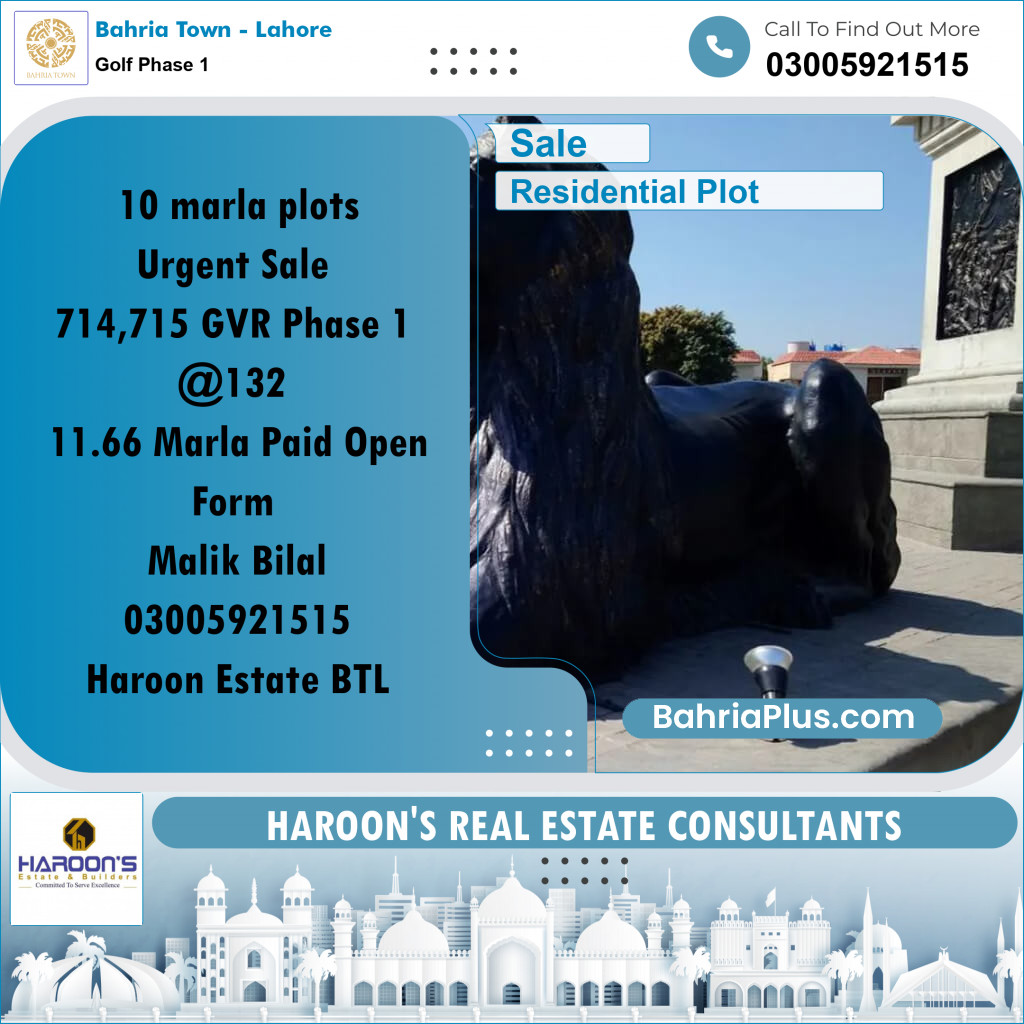 10 Marla Residential Plot for Sale in Golf Phase 1 -  Bahria Town, Lahore - (BP-215660)