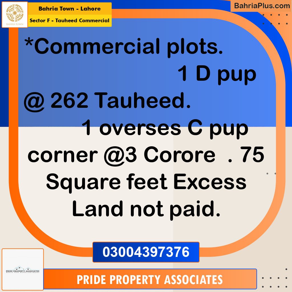 5 Marla Commercial Plot for Sale in Sector F - Tauheed Commercial - Bahria Town, Lahore - (BP-215893)