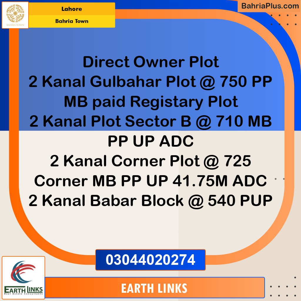 2 Kanal Residential Plot for Sale in Bahria Town, Lahore - (BP-216167)