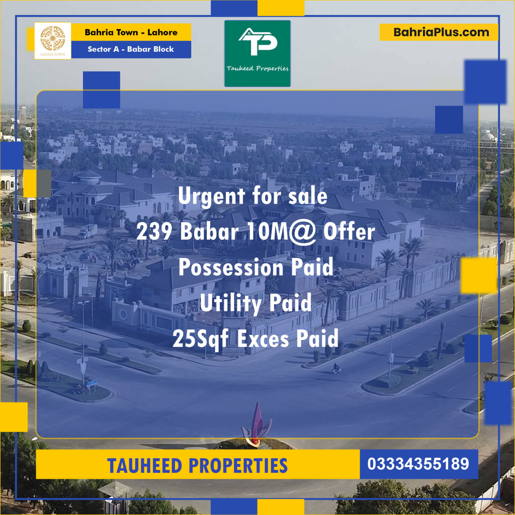 10 Marla Residential Plot for Sale in Sector A - Babar Block -  Bahria Town, Lahore - (BP-216233)