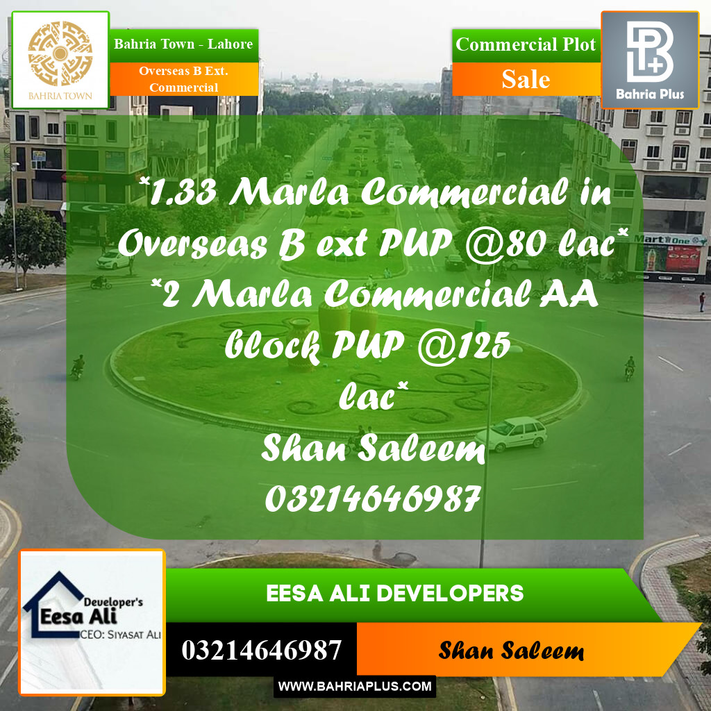 Commercial Plot for Sale in Overseas B Ext. Commercial -  Bahria Town, Lahore - (BP-216289)