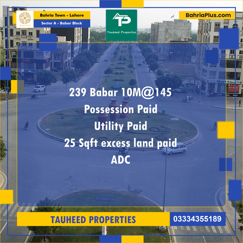 10 Marla Residential Plot for Sale in Sector A - Babar Block - Bahria Town, Lahore - (BP-216501)