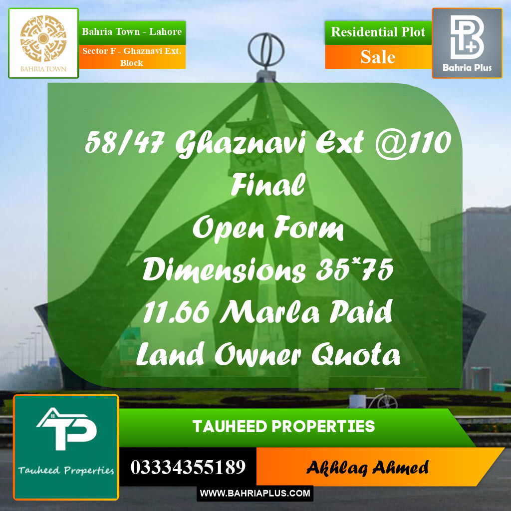 11.66 Marla Residential Plot for Sale in Sector F - Ghaznavi Ext. Block -  Bahria Town, Lahore - (BP-216510)