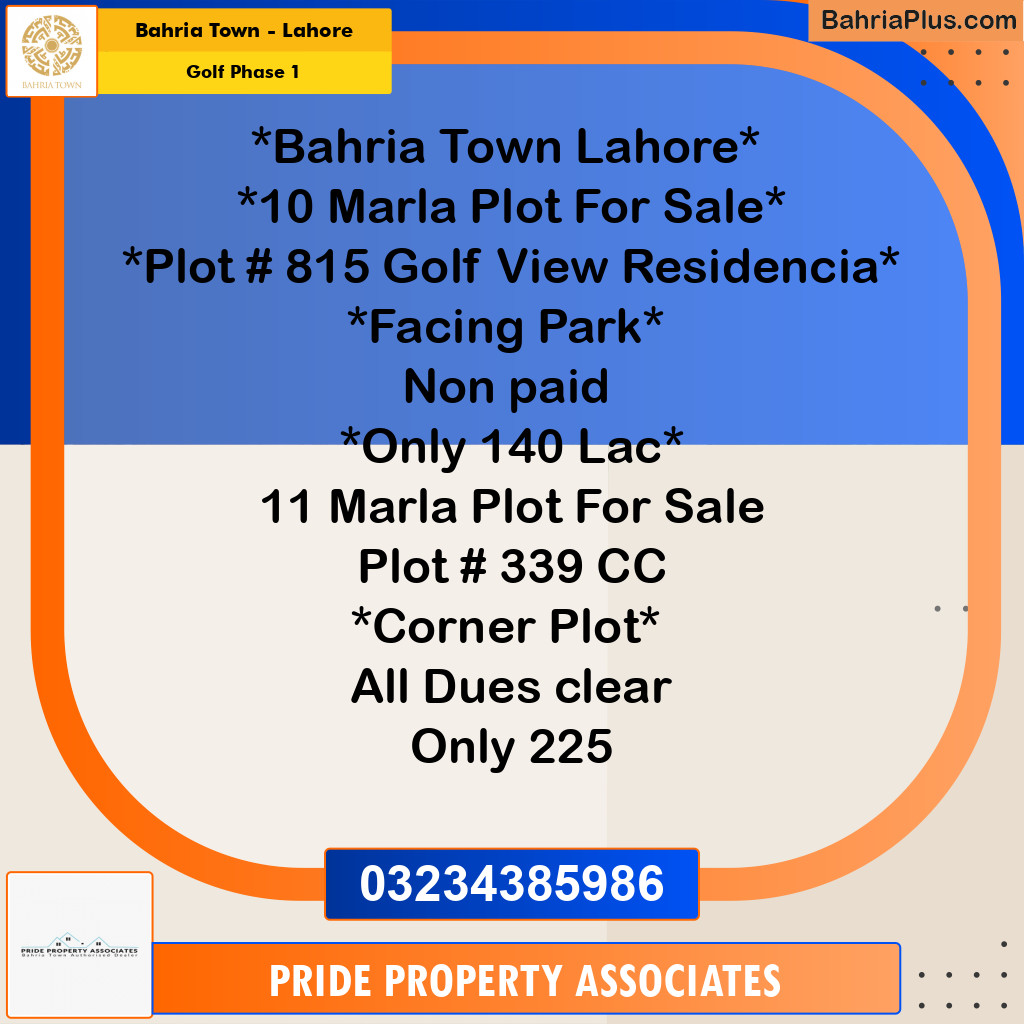 10 Marla Residential Plot for Sale in Golf Phase 1 -  Bahria Town, Lahore - (BP-216565)