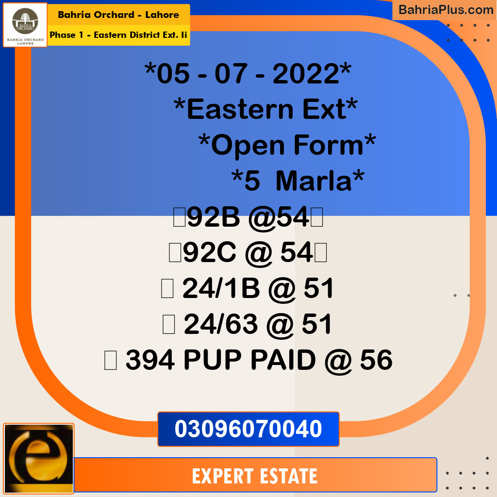 5 Marla Residential Plot for Sale in Phase 1 - Eastern District Ext. II -  Bahria Orchard, Lahore - (BP-216862)