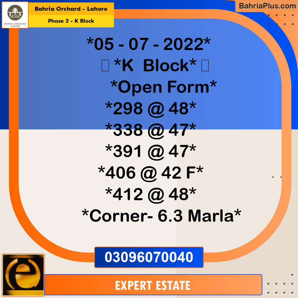 5 Marla Residential Plot for Sale in Phase 2 - K Block - Bahria Orchard, Lahore - (BP-216865)