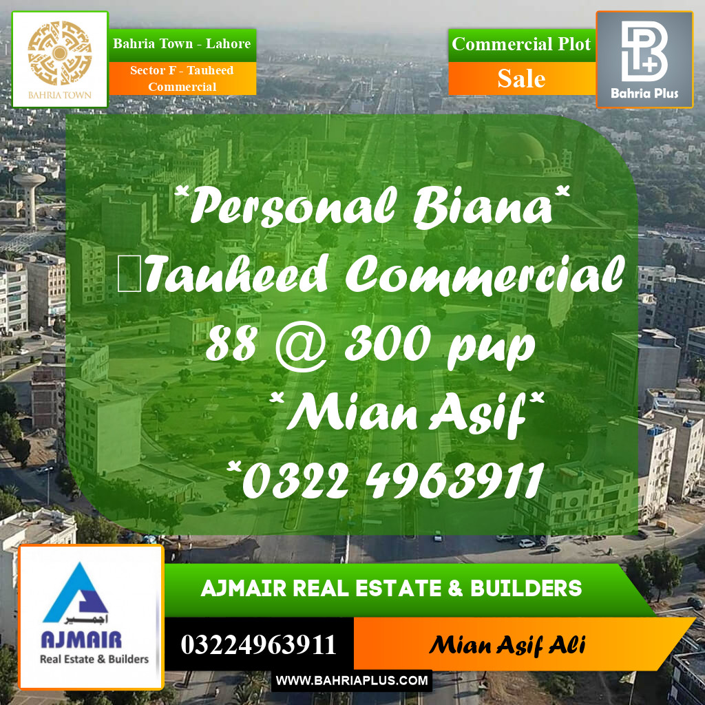 Commercial Plot for Sale in Sector F - Tauheed Commercial - Bahria Town, Lahore - (BP-216916)