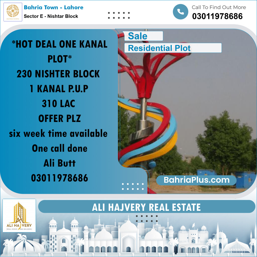 1 Kanal Residential Plot for Sale in Sector E - Nishtar Block -  Bahria Town, Lahore - (BP-217294)