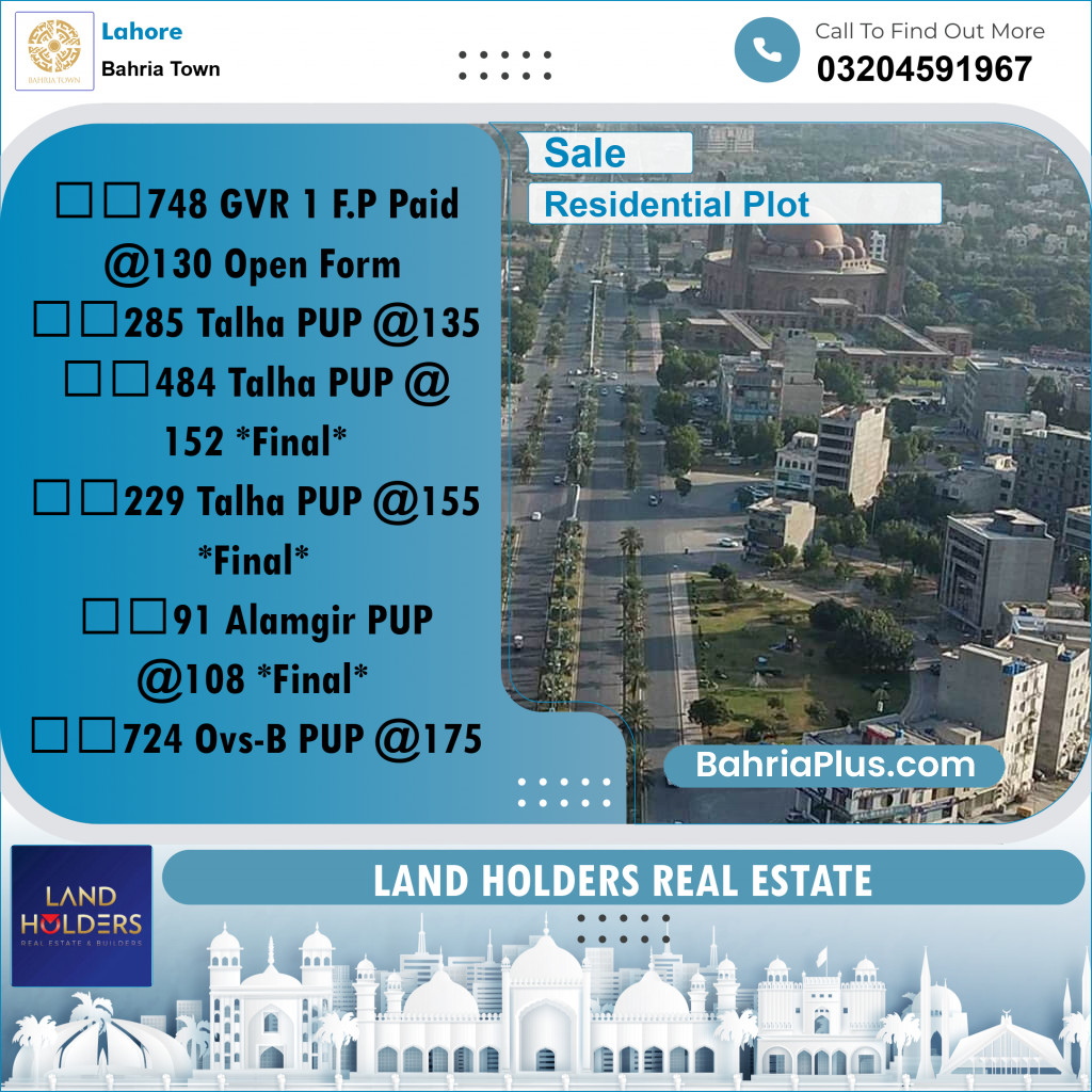 Residential Plot for Sale in Bahria Town, Lahore - (BP-217637)