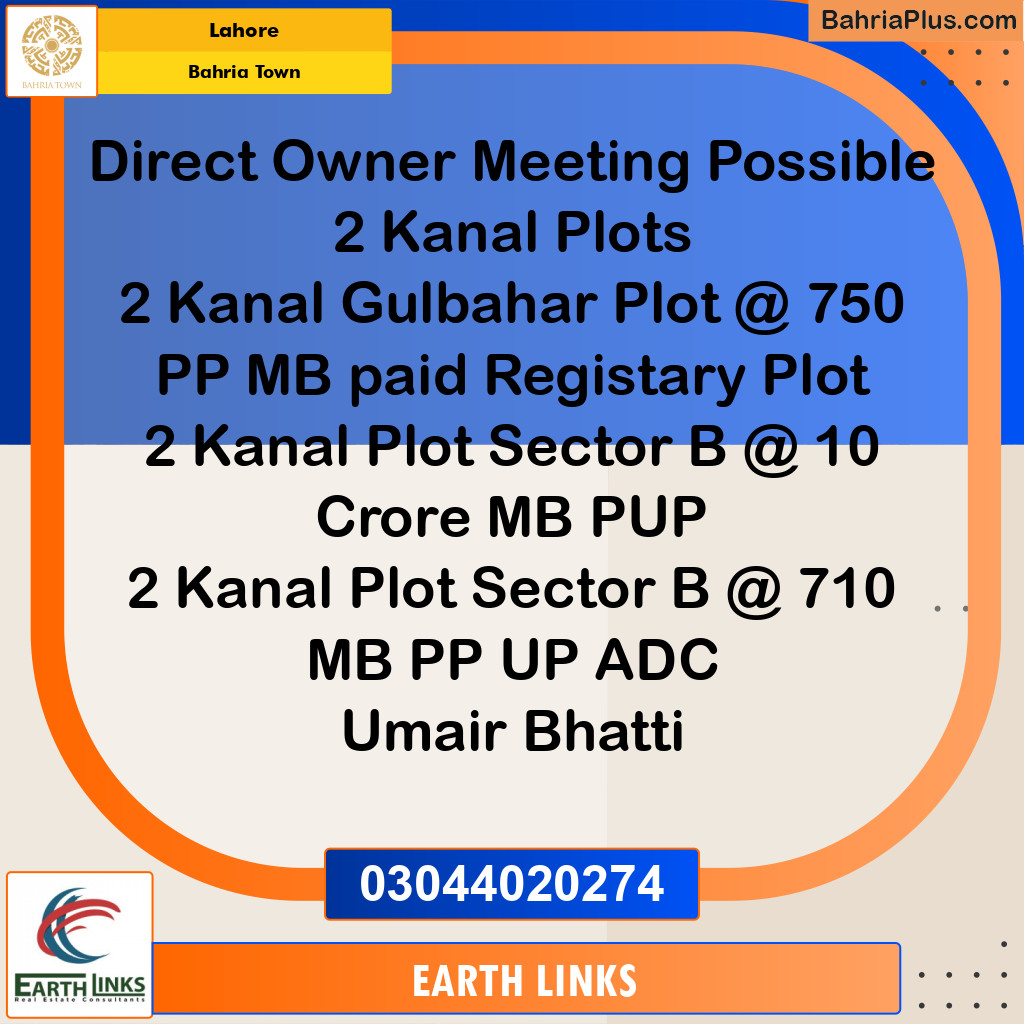 2 Kanal Residential Plot for Sale in Bahria Town, Lahore - (BP-217820)