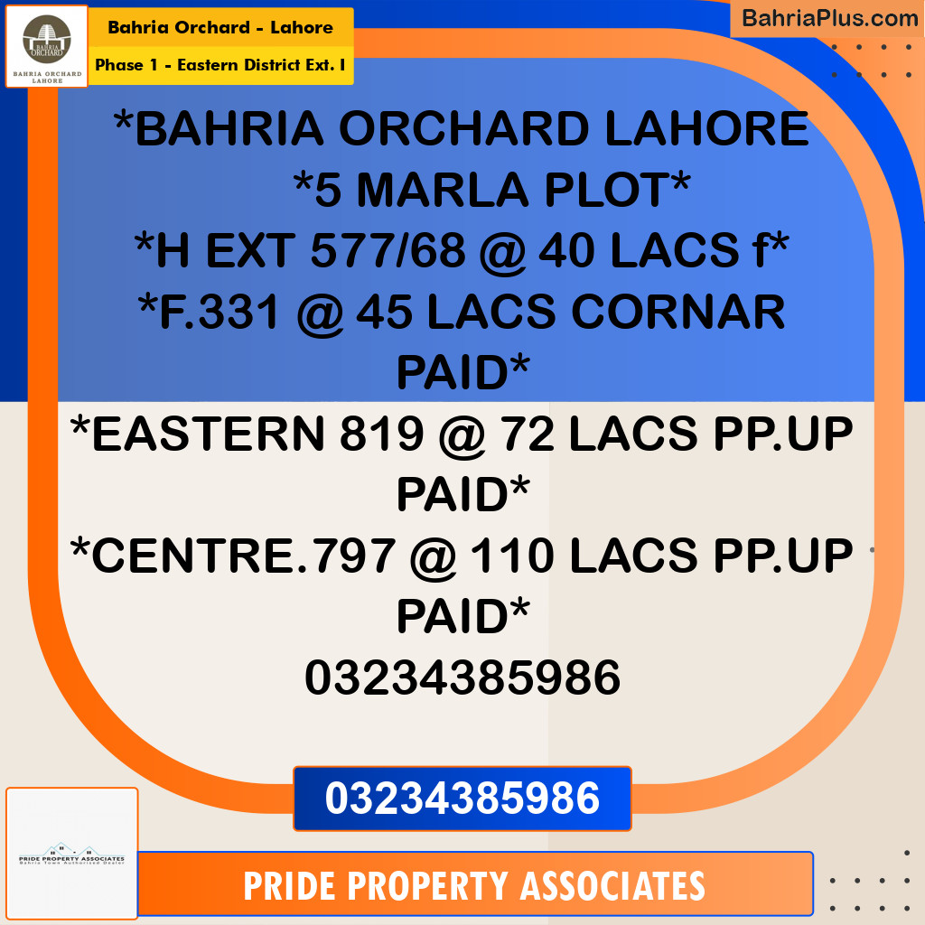 10 Marla Residential Plot for Sale in Phase 1 - Eastern District Ext. I -  Bahria Orchard, Lahore - (BP-217860)