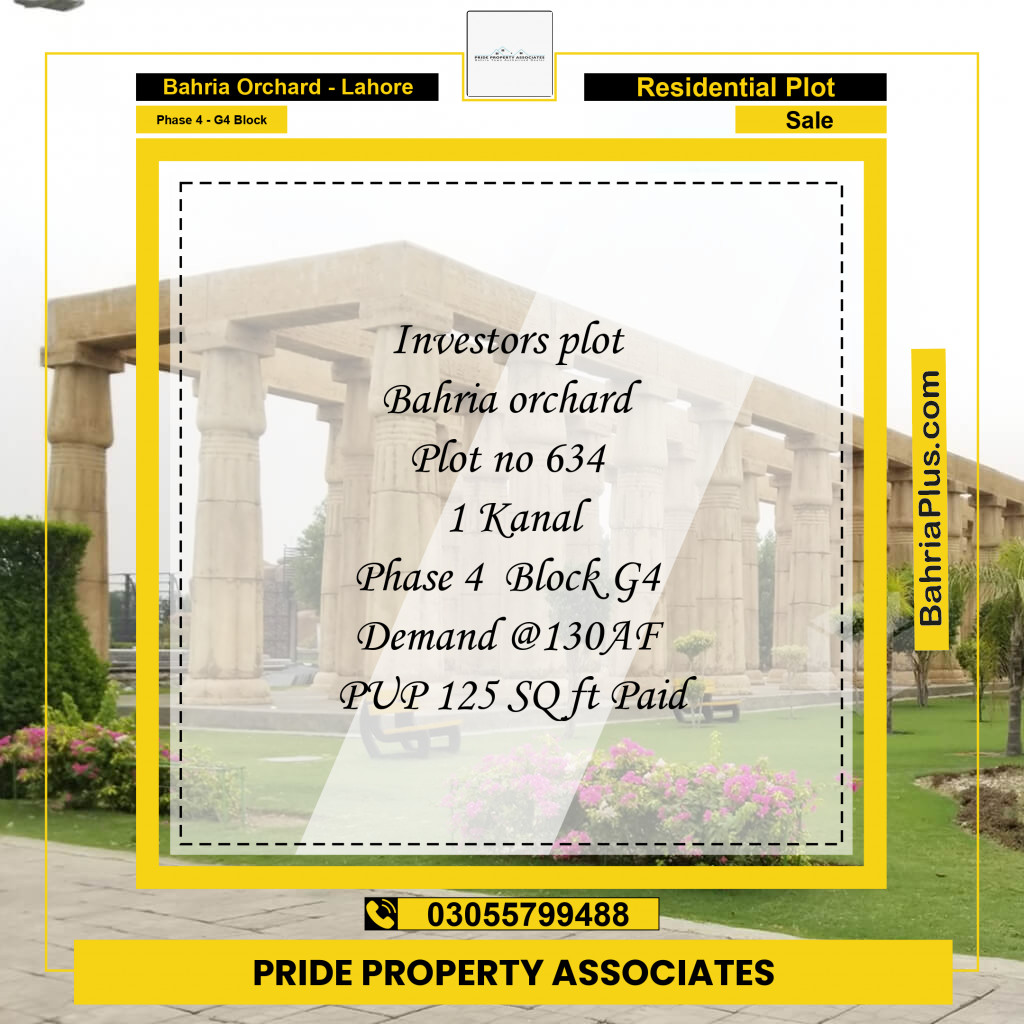 20 Marla Residential Plot for Sale in Phase 4 - G4 Block -  Bahria Orchard, Lahore - (BP-217905)