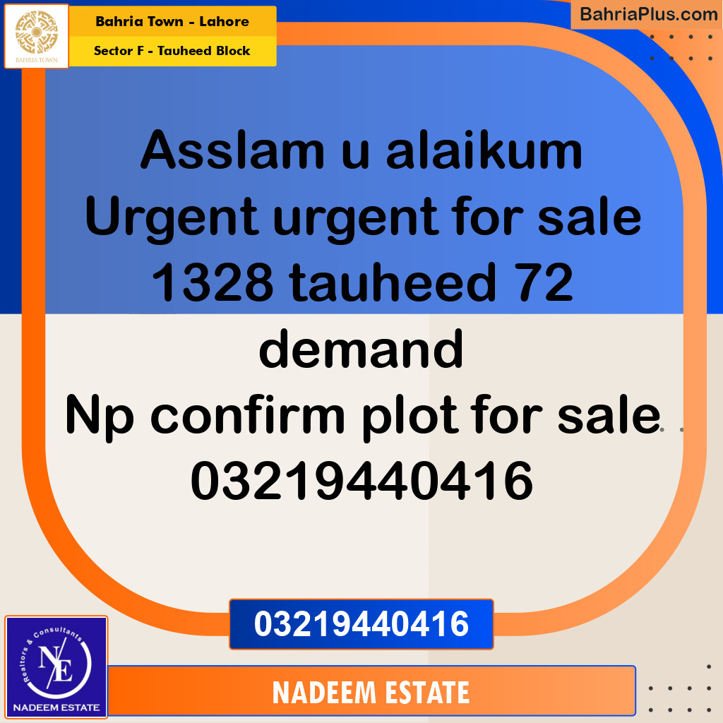 Residential Plot for Sale in Sector F - Tauheed Block -  Bahria Town, Lahore - (BP-218040)