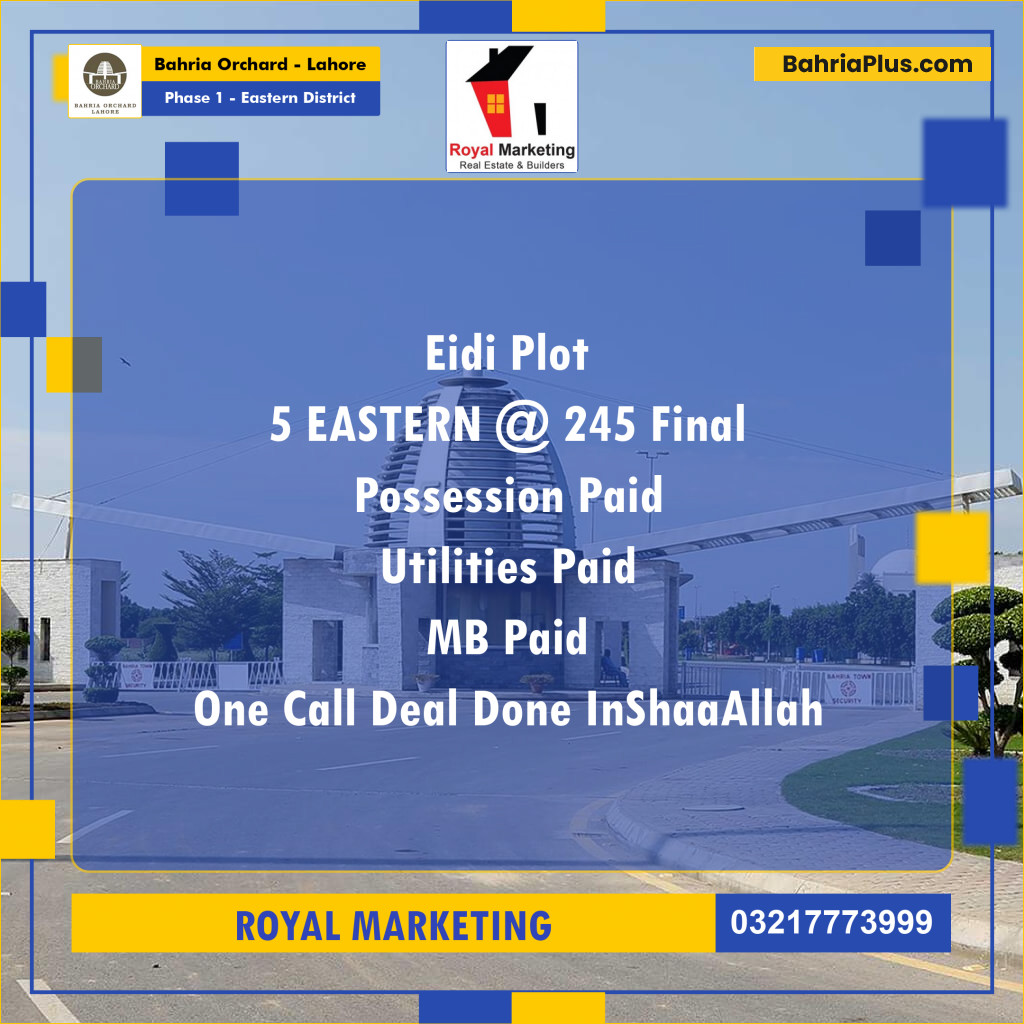 20 Marla Residential Plot for Sale in Phase 1 - Eastern District -  Bahria Orchard, Lahore - (BP-218097)