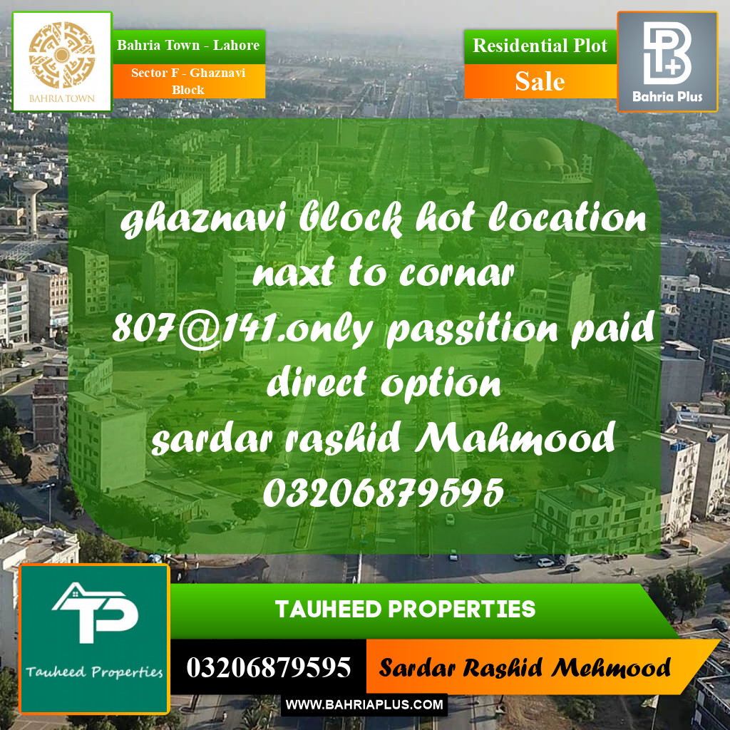 10 Marla Residential Plot for Sale in Sector F - Ghaznavi Block -  Bahria Town, Lahore - (BP-218111)