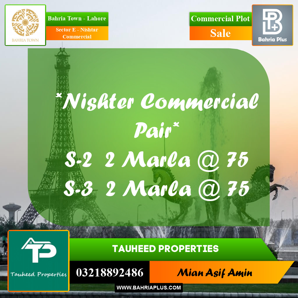 2 Marla Commercial Plot for Sale in Sector E - Nishtar Commercial - Bahria Town, Lahore - (BP-218201)