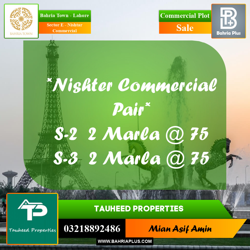 2 Marla Commercial Plot for Sale in Sector E - Nishtar Commercial -  Bahria Town, Lahore - (BP-218201)