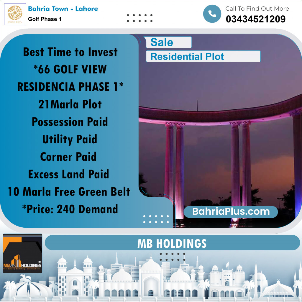 21 Marla Residential Plot for Sale in Golf Phase 1 - Bahria Town, Lahore - (BP-218217)