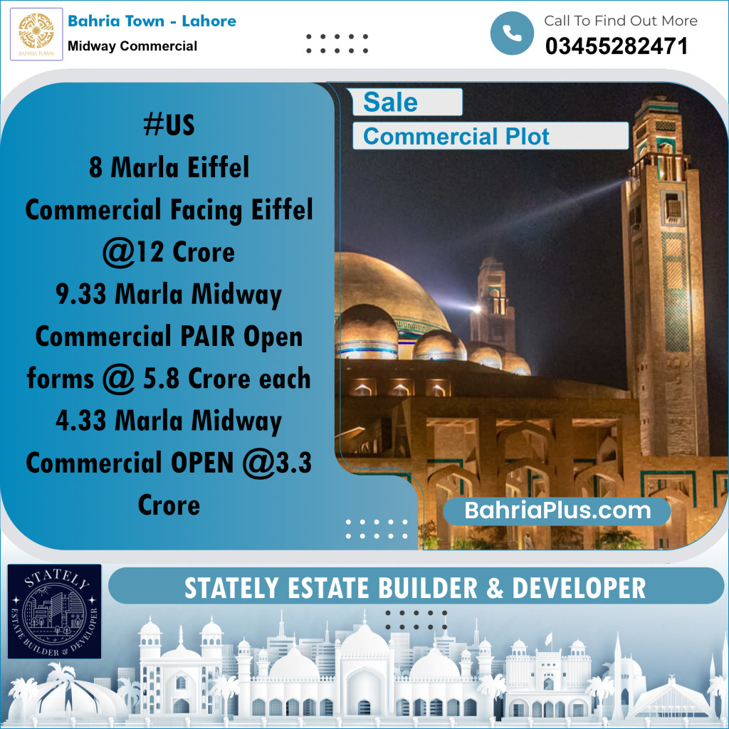 9 Marla Commercial Plot for Sale in Midway Commercial - Bahria Town, Lahore - (BP-218671)
