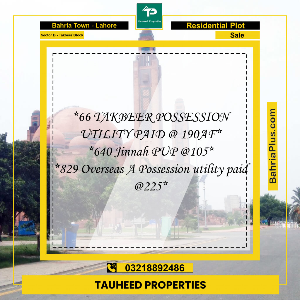 10 Marla Residential Plot for Sale in Sector B - Takbeer Block -  Bahria Town, Lahore - (BP-218719)