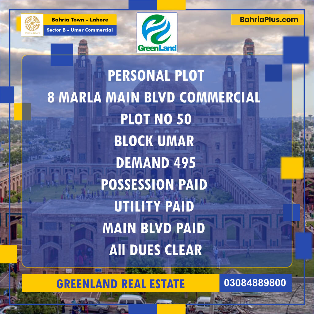 8 Marla Commercial Plot for Sale in Sector B - Umer Commercial - Bahria Town, Lahore - (BP-218753)