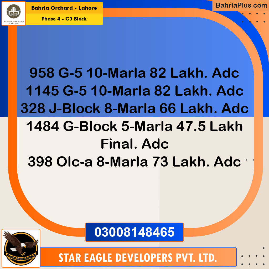 10 Marla Residential Plot for Sale in Phase 4 - G5 Block -  Bahria Orchard, Lahore - (BP-218797)