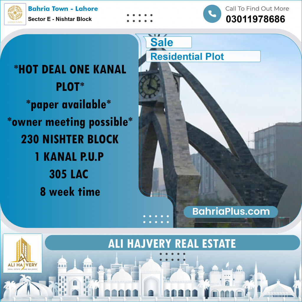 1 Kanal Residential Plot for Sale in Sector E - Nishtar Block - Bahria Town, Lahore - (BP-219005)