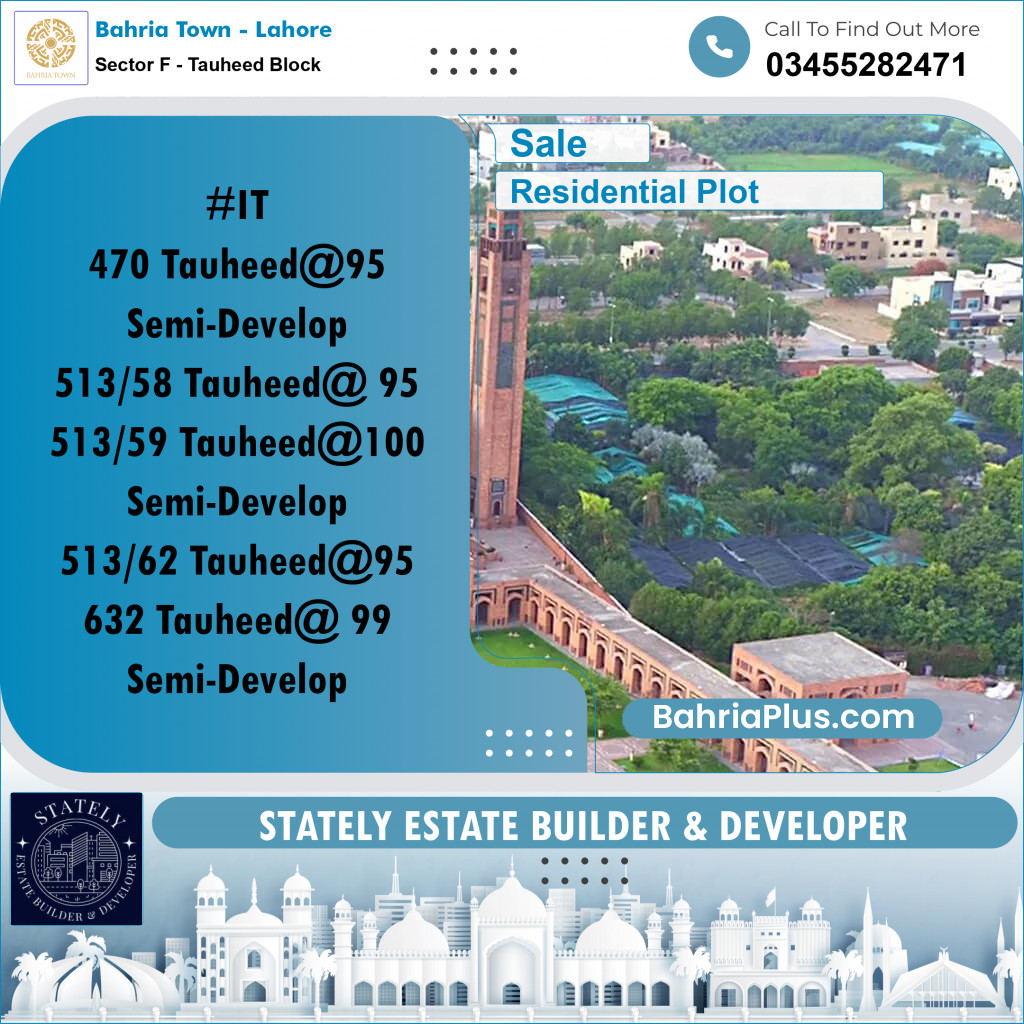 Residential Plot for Sale in Sector F - Tauheed Block -  Bahria Town, Lahore - (BP-219060)