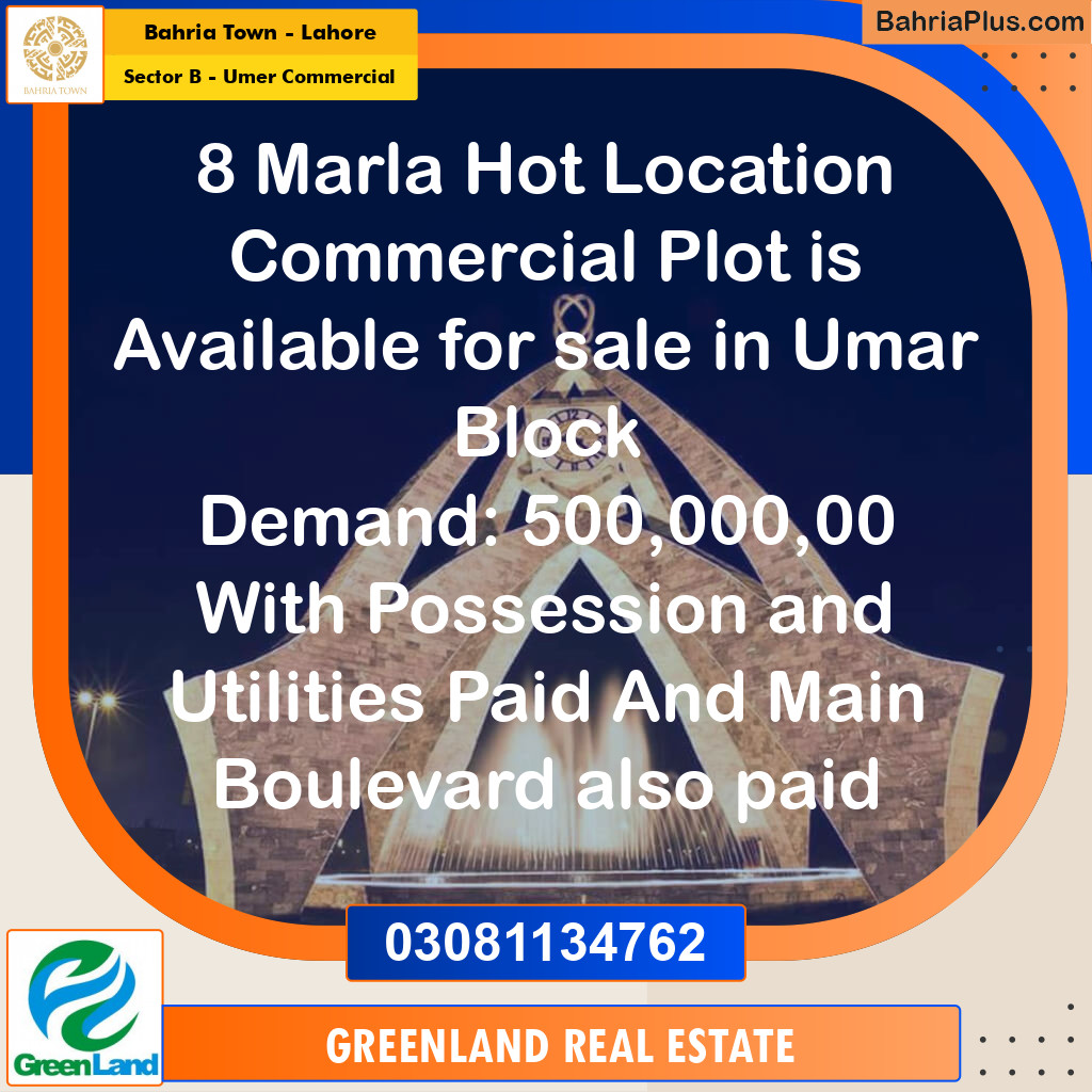 8 Marla Commercial Plot for Sale in Sector B - Umer Commercial -  Bahria Town, Lahore - (BP-219223)