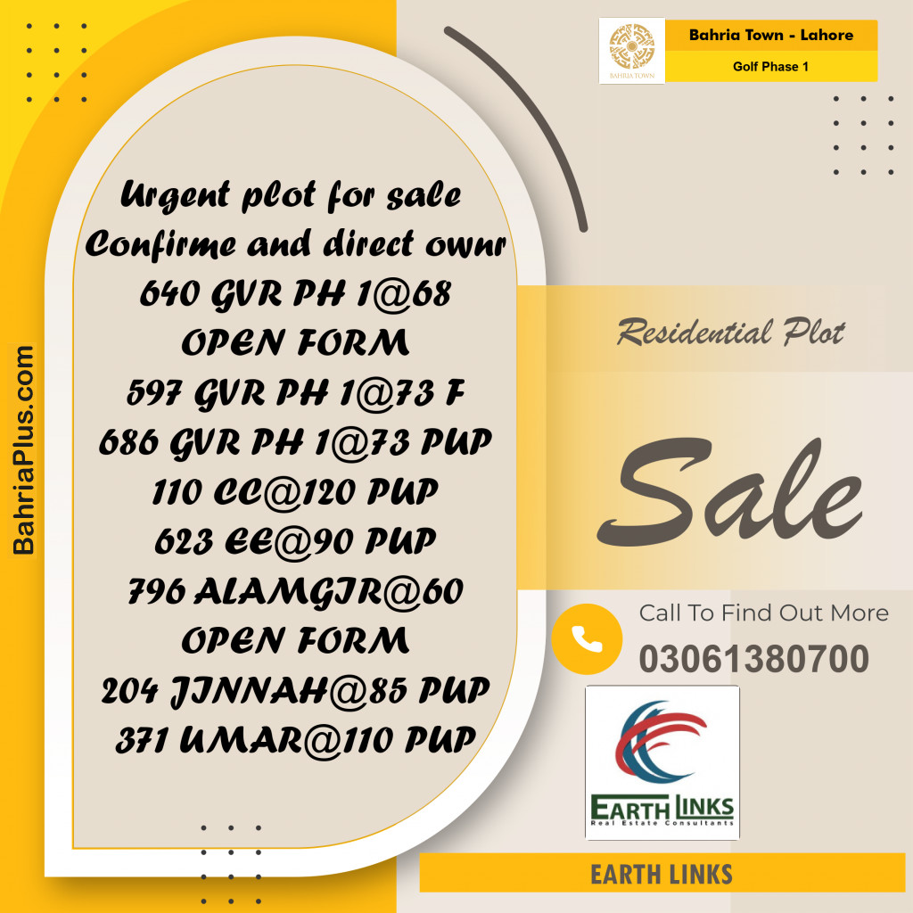 5 Marla Residential Plot for Sale in Golf Phase 1 - Bahria Town, Lahore - (BP-219369)