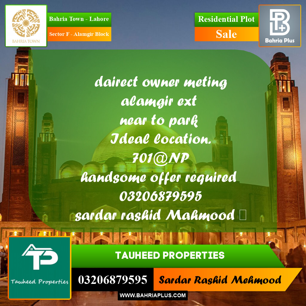 10 Marla Residential Plot for Sale in Sector F - Alamgir Block -  Bahria Town, Lahore - (BP-219443)