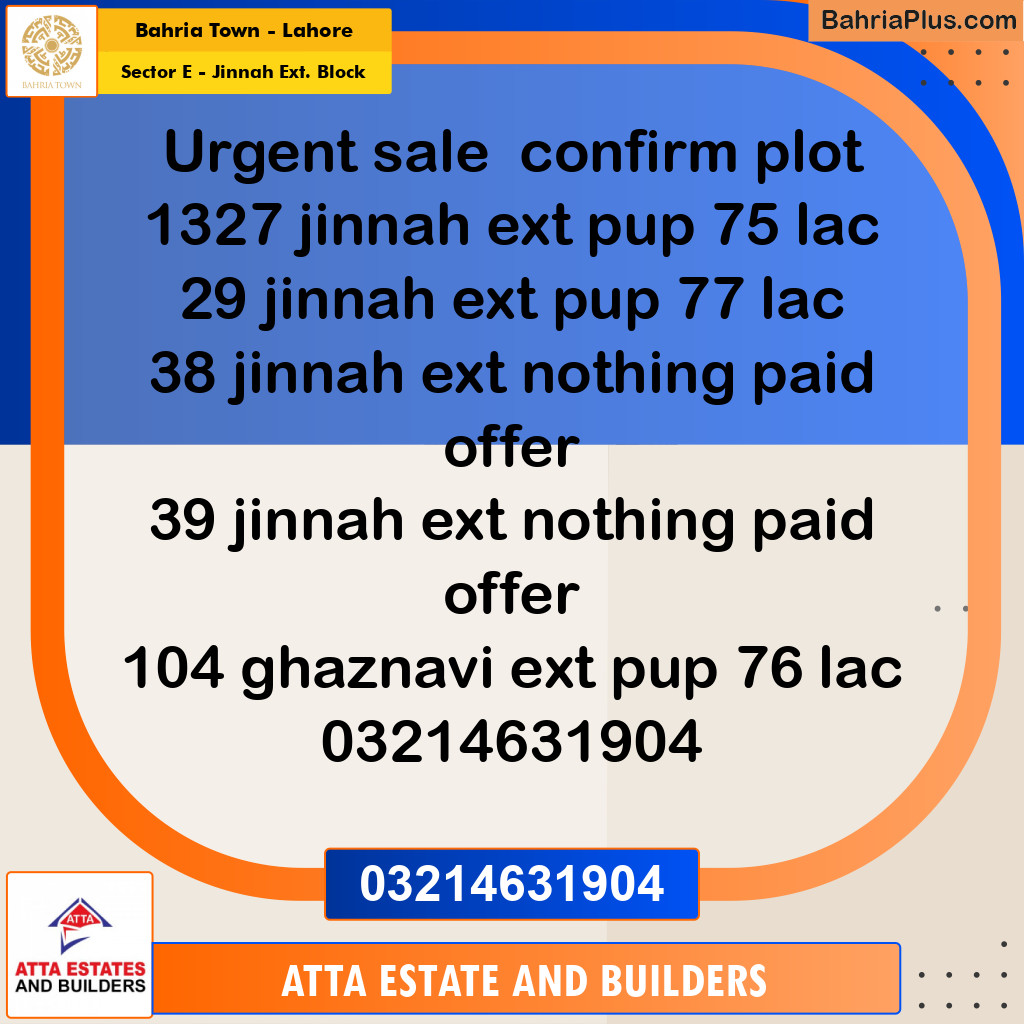 5 Marla Residential Plot for Sale in Sector E - Jinnah Ext. Block -  Bahria Town, Lahore - (BP-219493)