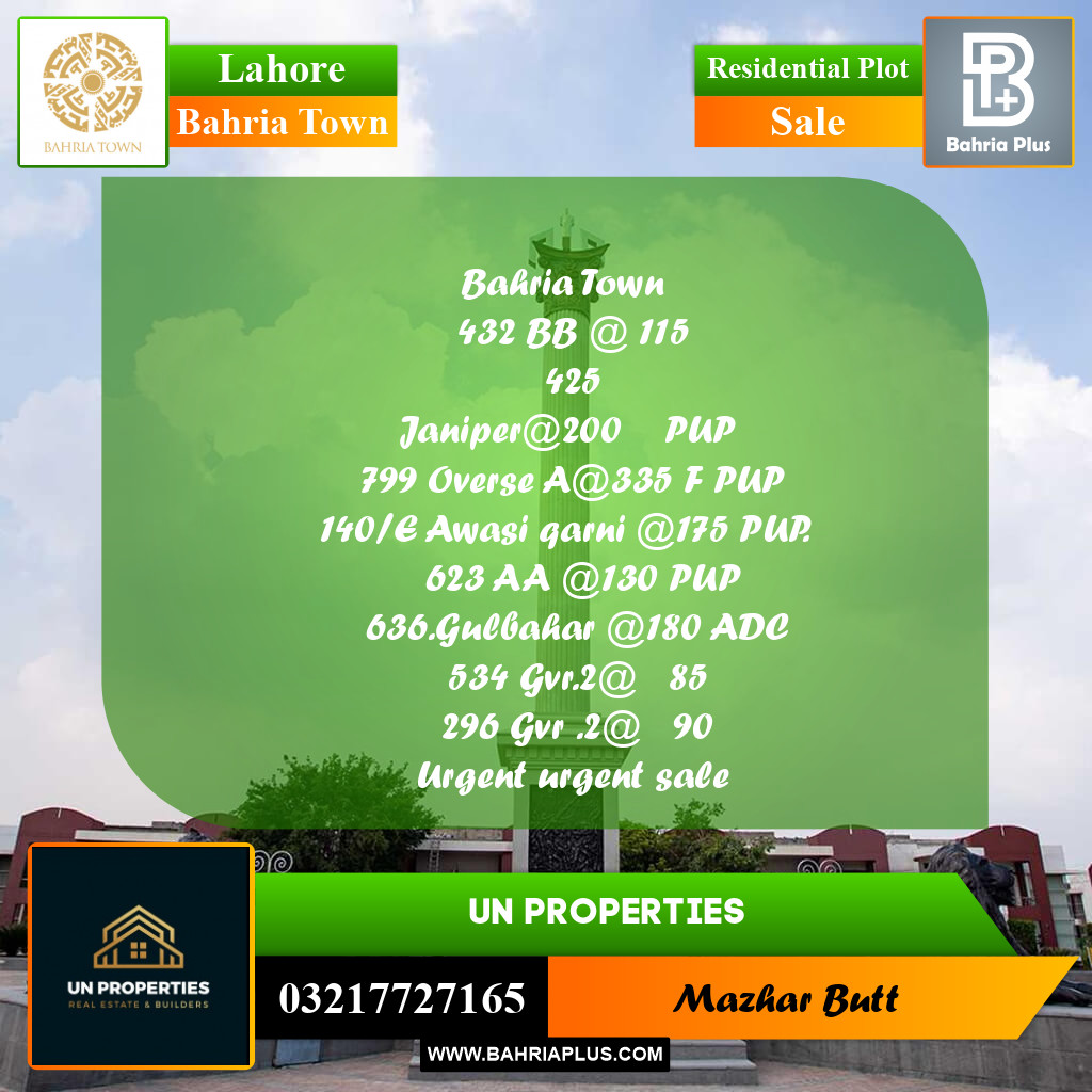 Residential Plot for Sale in Bahria Town, Lahore - (BP-219511)