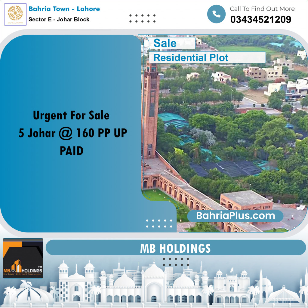 10 Marla Residential Plot for Sale in Sector E - Johar Block - Bahria Town, Lahore - (BP-219522)