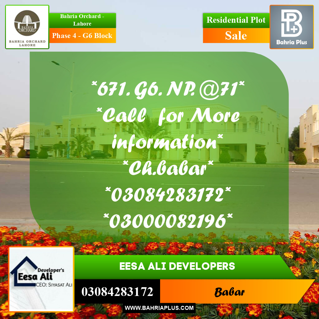 10 Marla Residential Plot for Sale in Phase 4 - G6 Block - Bahria Orchard, Lahore - (BP-219567)