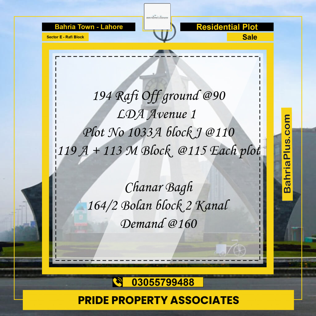 10 Marla Residential Plot for Sale in Sector E - Rafi Block - Bahria Town, Lahore - (BP-219638)