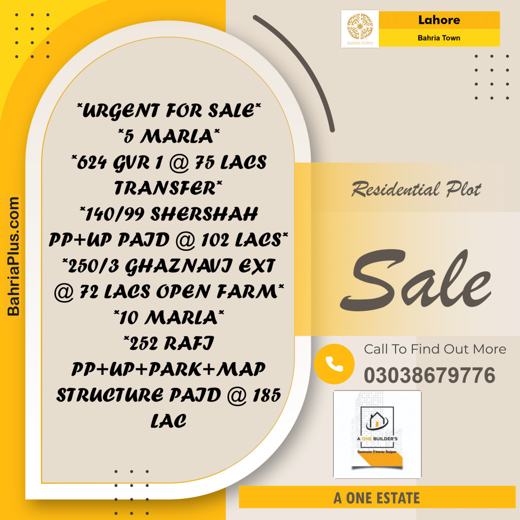 Residential Plot for Sale in Bahria Town, Lahore - (BP-219643)