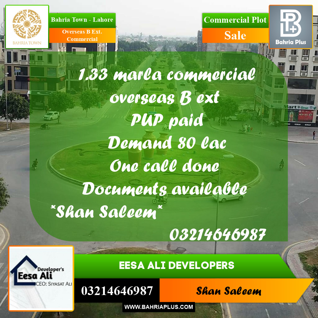 Commercial Plot for Sale in Overseas B Ext. Commercial - Bahria Town, Lahore - (BP-219814)