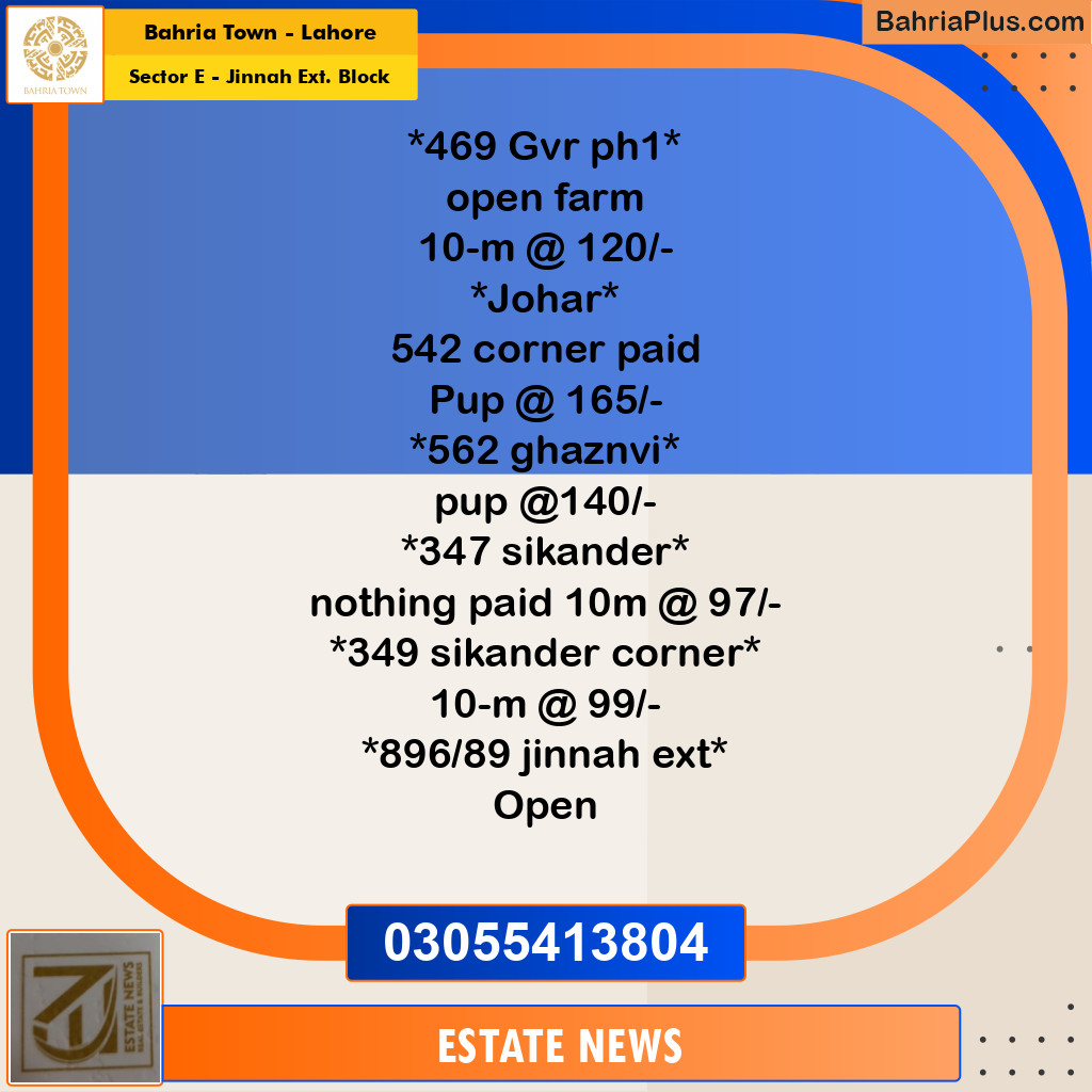 Residential Plot for Sale in Sector E - Jinnah Ext. Block - Bahria Town, Lahore - (BP-219870)